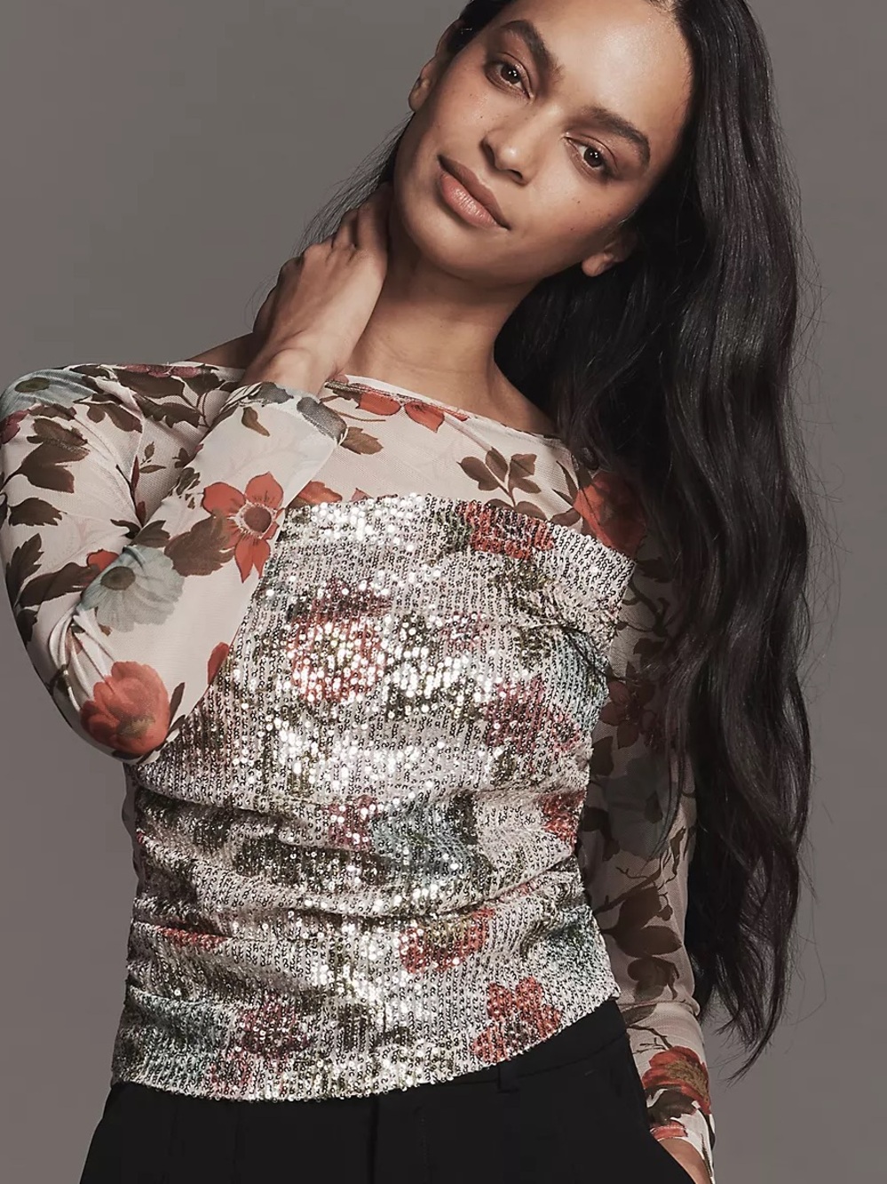 ANTHROPOLOGIE L M Maeve Long Sleeve Printed Sequin Mesh Top • Floral Sheer